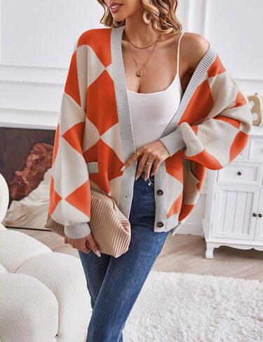 Mansy Women's Cardigan Sweater Checkered Long Sleeve Open Front Button Down V-Neck Loose Knit Outwear Coat in Saudi Arabia