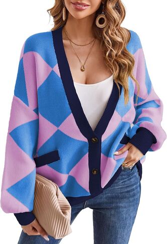 Mansy Women's Cardigan Sweater Checkered Long Sleeve Open Front Button Down V-Neck Loose Knit Outwear Coat in Saudi Arabia