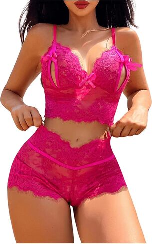 SweatyRocks Women's Two Piece Lingerie Set Floral Lace Cut Out Bow Bralettes and Boyshorts Nightwear Set in Saudi Arabia