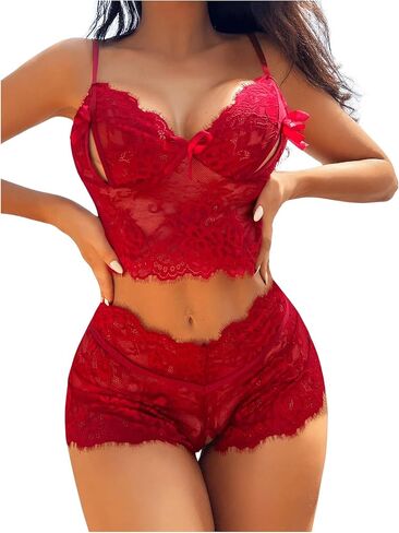 SweatyRocks Women's Two Piece Lingerie Set Floral Lace Cut Out Bow Bralettes and Boyshorts Nightwear Set in Saudi Arabia