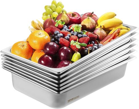 VEVOR 6 Pack Hotel Pans, Full Size Anti-Jam Steam Pan, 0.8mm Thick Stainless Steel Restaurant Steam Table Pan, 4-Inch Deep Commercial Table Pan, Catering Storage Food Pan, for Industrial & Scientific in Saudi Arabia