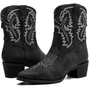 DADAWEN Western Boots For Women Embroidered Pointed Toe Cowgirl Boots Chunky Heel Cowboy Boots Pull On Outdoor Mid Calf Booties
