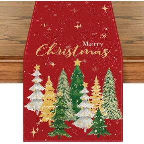 Artoid Mode Xmas Trees Merry Christmas Table Runner, Seasonal Winter Red Kitchen Dining Table Decoration for Home Party Decor 13x72 Inch