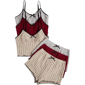 Women's 3 Pack Pajama Sets Lettuce Trim V Neck Sleeveless Bow Cami Crop Top and Shorts Set Ribbed Knit Sleepwear Pjs