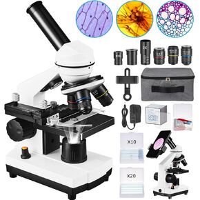 Microscope for Adults Kids,40X-2000X Monocular Microscope Kit for Home School Lab, 2 LED Lights & 5 Colors Kids Microscope with Phone Holder,10 Specimen Slides,20 Slides,100 Coverslips, Bag
