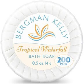 BERGMAN KELLY - Hotel Soap Bars in Bulk - Tropical Waterfall, 1 oz, 100 PK - Small Individually Wrapped Round Soap - Travel Size Mini Toiletries for Airbnb, Motel, Guest Bathroom