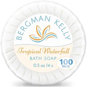 BERGMAN KELLY - Hotel Soap Bars in Bulk - Tropical Waterfall, 1 oz, 100 PK - Small Individually Wrapped Round Soap - Travel Size Mini Toiletries for Airbnb, Motel, Guest Bathroom
