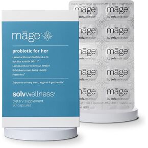 Māge من Solv Wellness Probiotic for Her، مزيج البريبايوتيك والبروبيوتيك للنساء اليومي من المكملات الغذائية للجهاز الهضمي، وتوازن درجة الحموضة المهبلية، ودعم صحة المسالك البولية، 30 كبسولة