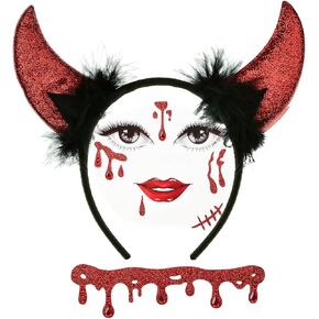 Merroyal Glitter Devil Horns Headband with Bloody Makeup Accessories Halloween Fancy Dress Cosplay Hairband Set