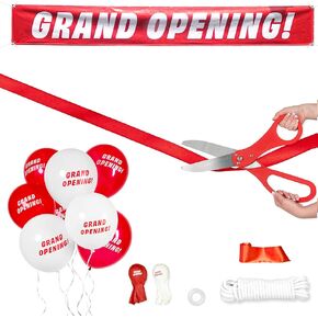 Crutello Deluxe Giant Ribbon Cutting Ceremony Kit 20" Giant Scissor Set, Sharp, Silver Handled XL Scissors, 30ft of 4" Wide Red Ribbon, 10ft Banner, 10 Red & 10 White Balloons, Banner Rope, Balloon