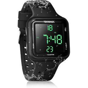 Mens Boys Swimming Diving Watch 10 ATM Waterproof 100m Underwater Digital Sports Watch with Chronograph, Stopwatch, Dual Time Zone, 12/24 Hour Format, W23-CUS-BK