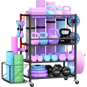 Dumbbell Rack, Weight Rack for Home Gym, 650LBS Metal Home Gym Storage with Lockable Wheels & Adjustable Hooks, Weight Stand for Yoga Mat Storage, Dumbbells, Kettlebell, Foam Roller, Resistance Bands