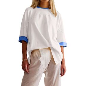Remidoo Womens Short Sleeve Oversized T Shirt Color Block Crew Neck Casual Tee Tops