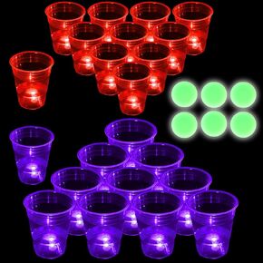 22 Pcs Glow Red & Purple Cups Pong Games Set, for Glow Pong Games for Adults, with 6 Glow in The Dark Balls, 16oz Cup and Ball Game Lawn Games for Daytime or Nighttime