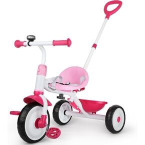 Liberry 2 in 1 Toddler Tricycle Age 2 3 4 Years Old, Kids Trike with Adjustable Push Handle, Bell & Basket, 3 Wheel Bike Riding Toy Birthday for Boys Girls, Pink