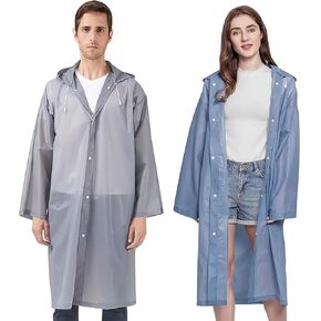 2 Pack EVA Raincoat Reusable Rain Waterproof Rain Windbreaker Hoodie Long Rain Wear Packable Pullover Rain Jackets Men Women with Hood & Drawstring for Hiking Camping Cycling Travell, Blue+