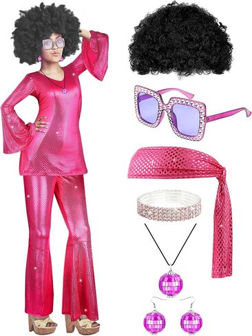 8Pcs 60s 70s Disco Costume for Women, Halloween Disco Outfits Women Set with Sunglasses Headscarf for Halloween Party in Saudi Arabia