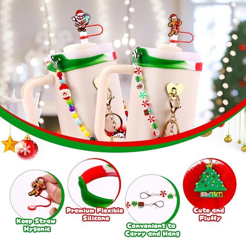 مجموعة إكسسوارات عيد الميلاد 8 قطع لكأس ستانلي 30 و40 أونصة، حذاء شجرة عيد الميلاد من السيليكون قطعتين من أغطية القش بوم بوم سحر رجل الثلج مقبض زجاجة مياه ساحرة، هدايا ديكور عيد الميلاد للفتيات والنساء in Saudi Arabia