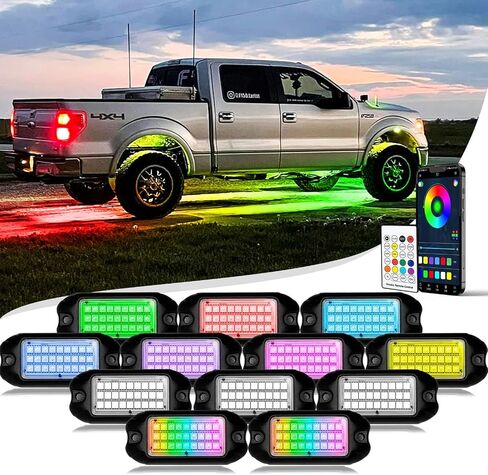 Nicoko Multicolor RGB LED Rock Light Kits w/Brake Light & Turn Signal Function 16 Million Colors Many Flashing Modes Neon Lights Under Off Road Truck SUV Motorcycle Wiring Harness (Pack 4) in Saudi Arabia