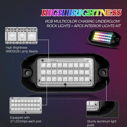 Nicoko Multicolor RGB LED Rock Light Kits w/Brake Light & Turn Signal Function 16 Million Colors Many Flashing Modes Neon Lights Under Off Road Truck SUV Motorcycle Wiring Harness (Pack 4) in Saudi Arabia