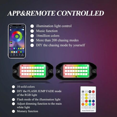 Nicoko Multicolor RGB LED Rock Light Kits w/Brake Light & Turn Signal Function 16 Million Colors Many Flashing Modes Neon Lights Under Off Road Truck SUV Motorcycle Wiring Harness (Pack 4) in Saudi Arabia