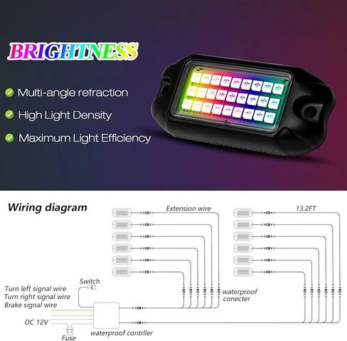 Nicoko Multicolor RGB LED Rock Light Kits w/Brake Light & Turn Signal Function 16 Million Colors Many Flashing Modes Neon Lights Under Off Road Truck SUV Motorcycle Wiring Harness (Pack 4) in Saudi Arabia