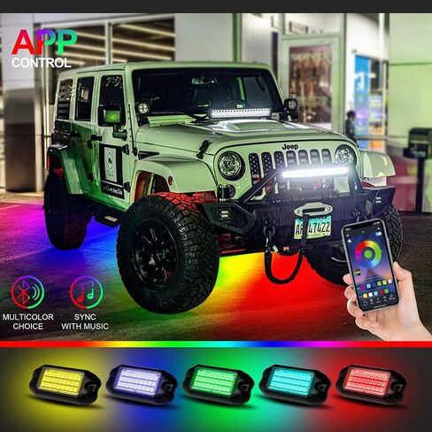 Nicoko Multicolor RGB LED Rock Light Kits w/Brake Light & Turn Signal Function 16 Million Colors Many Flashing Modes Neon Lights Under Off Road Truck SUV Motorcycle Wiring Harness (Pack 4) in Saudi Arabia