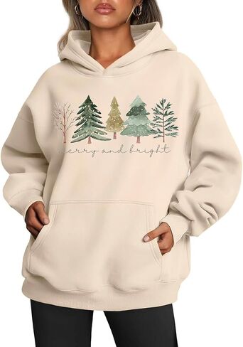 Earlymemb Women's Merry Christmas Oversized Hoodies Fleece Sweatshirts Funny Chenille Patch Xmas Holiday Pullover with Pocket in Saudi Arabia