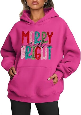 Earlymemb Women's Merry Christmas Oversized Hoodies Fleece Sweatshirts Funny Chenille Patch Xmas Holiday Pullover with Pocket in Saudi Arabia