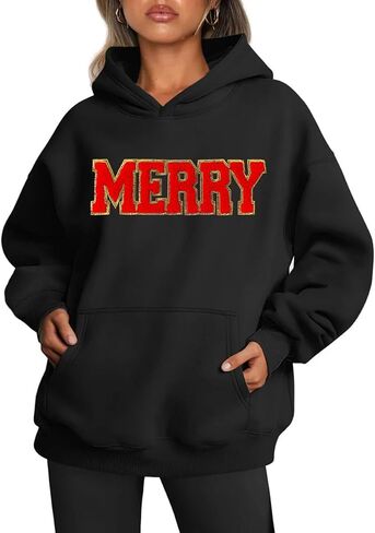 Earlymemb Women's Merry Christmas Oversized Hoodies Fleece Sweatshirts Funny Chenille Patch Xmas Holiday Pullover with Pocket in Saudi Arabia