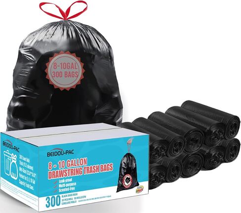 8-10 Gallon Trash Bags Drawstring, 300 Count Bulk, Black & Unscented Multi-purpose Garbage Bags for Business Home Bathroom Kitchen Commercial and Industrial in Saudi Arabia