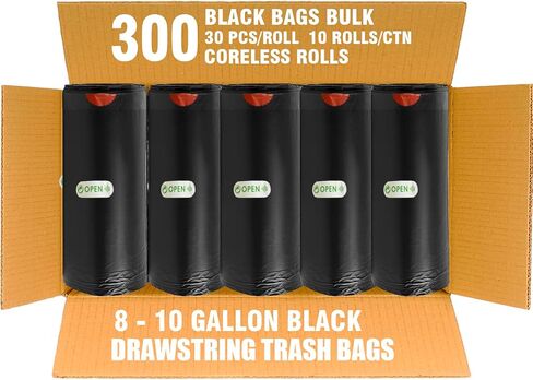 8-10 Gallon Trash Bags Drawstring, 300 Count Bulk, Black & Unscented Multi-purpose Garbage Bags for Business Home Bathroom Kitchen Commercial and Industrial in Saudi Arabia