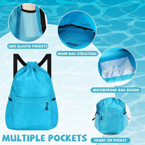 5 قطع من حقائب الصالة الرياضية المقاومة للماء، حقائب برباط للسباحة للرجال والنساء والمراهقين، حقيبة ظهر بسلسلة للرياضات الخارجية والشاطئ وحمام السباحة وصالة الألعاب الرياضية، مع جيب مبلل وجيب شبكي جانبي in Kuwait