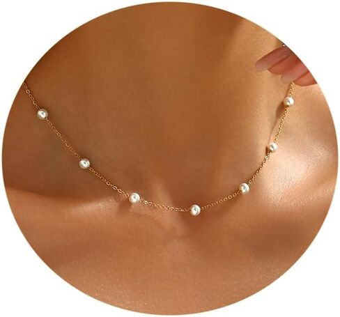Pearl Necklaces for Women 18K Gold Plated Dainty Cross Necklace Gold Flower Pearls Beaded Choker Necklace Trendy Stainless Steel Bridesmaid Wedding Jewelry in Saudi Arabia