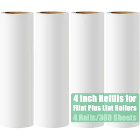4'' Lint Plus Roller Refills Only for Flint Plus Retractable Lint Remover for Clothes, Refillable Lint Roller Refill 90 Extra Sticky Sheets (Pack of 4, Total 360 Sheets)