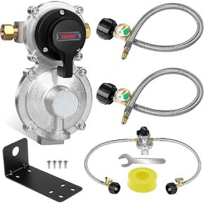 2-Stage Automatic Changeover LP Propane Gas Regulator with Two 18" RV Pigtail Propane Hoses with Gauge, Stainless Braided QCC1 1/4" Inverted Male Flare