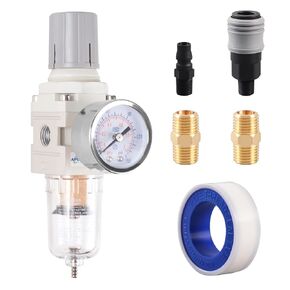 Pneumatics 3/8“ NPT Compressed Air Filter Regulator Combo Piggyback,Air Compressor Filter AW3000-03（0-150psi）,Manual Drain,5μm Brass