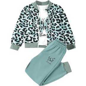 GORGLITTER Girl's 3 Piece Butterfly Leopard Print Outfit Zip Up Baseball Jacket T Shirt Sweatpants Set
