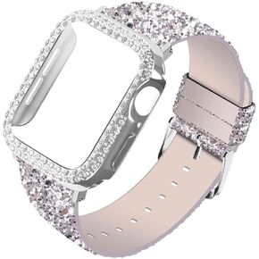 Wolait Compatible with Apple Watch Band with Glass Screen Protector 45mm 44mm 40mm 42mm 41mm 38mm ,iWatch Leather Glitter Sparkly Wristband Bracelet with Bling Diamond Case for iWatch SE Series 9 8 7 6 5 4 Women