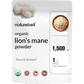 NatureBell Organic Lions Mane Powder 1,500mg Per Serving, 1lb | Whole Fruiting Body & Mycelium Mushroom Source – Focus, Memory, & Immune Health Supplement – Non-GMO, Vegan