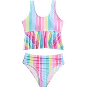 WDIRARA Girl's Rainbow Stripe Ruffle Hem Bikini Swimsuit Two Piece Ruched Bathing Suit