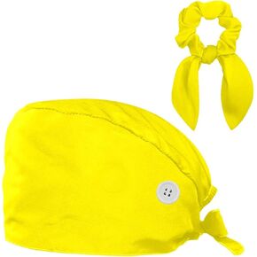 1 Pack Scrub Cap with Hair Scrunchy, Nurse Hat Surgical Cap with Button & Sweatband, Yellow Color
