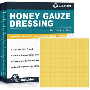 Ceeport Honey Gauze Wound Dressing, 4" x 4" Manuka Honey Wound Care, Medical Grade Honey Bandages for Wound Care, Honey Patch for Faster Healing from Burns, Abrasions, Cuts and Scalds (Pack of 10)