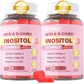 Myo-Inositol & D-Chiro Inositol Gummies Sugar Free, 40:1 Ratio Inositol Supplement Gummies for Women with Vegan Omega-3 & Vitamin D, Methyl Folate + B12, Fertility & Ovarian Support, Hormone Balance