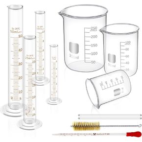 11 Pieces Glass Measuring Beaker 50/100/250 ml, Glass Graduated Cylinder 5/10/25/50 ml with 1 Brush, 2 Diameter and 1 Droppers for Science Lab, Glass Beaker Set