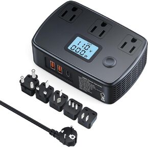 محول سفر عالمي 220 فولت إلى 110 فولت مع PD30W + 2 QC3.0 + 3 منافذ تيار متردد + شاشة LCD للجهد والقوة الكهربائية، مجموعة محول طاقة للسفر بقدرة 250 وات للاتحاد الأوروبي/المملكة المتحدة/أستراليا/آسيا/إيطاليا/الهند/جنوب أفريقيا