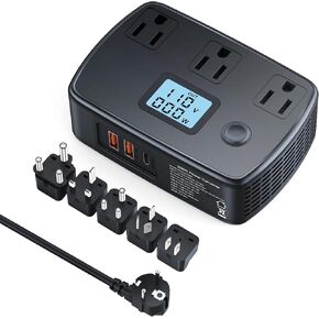 Universal Travel Adapter 220v to 110v Converter with PD30W + 2 QC3.0 + 3 AC Outlets + Voltage and Wattage LCD Display, 250W Travel Power Converter Adapter Combo for EU/UK/AUS/Asia/Italy/India/S.Africa