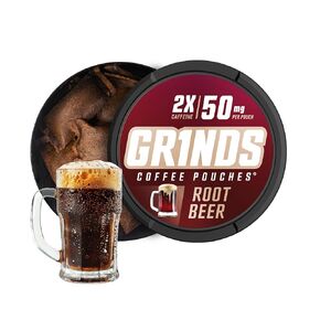 Grinds Coffee Pouches | Tobacco Free, Nicotine Free Healthy Alternative | 6 Cans of Root Beer | 18 Pouches Per Can | 2x Caffeine 1 Pouch eq. 1/2 Cup of Coffee