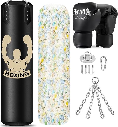 كيس ملاكمة مملوء للبالغين، حقيبة معلقة من جلد البولي يوريثان بطول 4 أقدام مع حشو إسفنجي 11 رطل وقفازات 12 أونصة، حقيبة ركل ثقيلة معدات ملاكمة لتدريب الكاراتيه كيك بوكسينغ في صالة الألعاب الرياضية المنزلية in Kuwait
