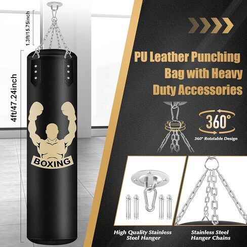 كيس ملاكمة مملوء للبالغين، حقيبة معلقة من جلد البولي يوريثان بطول 4 أقدام مع حشو إسفنجي 11 رطل وقفازات 12 أونصة، حقيبة ركل ثقيلة معدات ملاكمة لتدريب الكاراتيه كيك بوكسينغ في صالة الألعاب الرياضية المنزلية in Kuwait